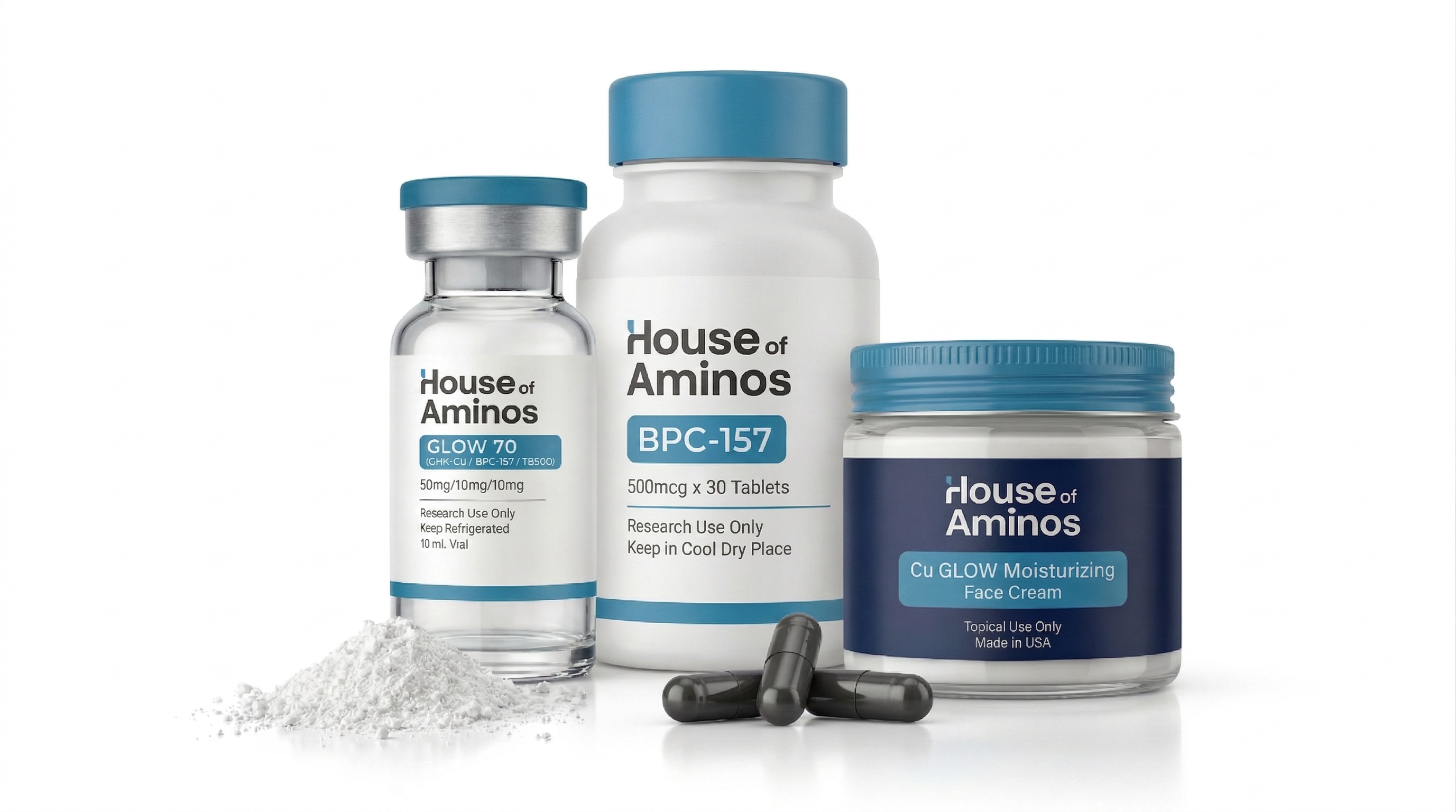 House of Aminos product lineup — injectable vials, tablets, and topical cream