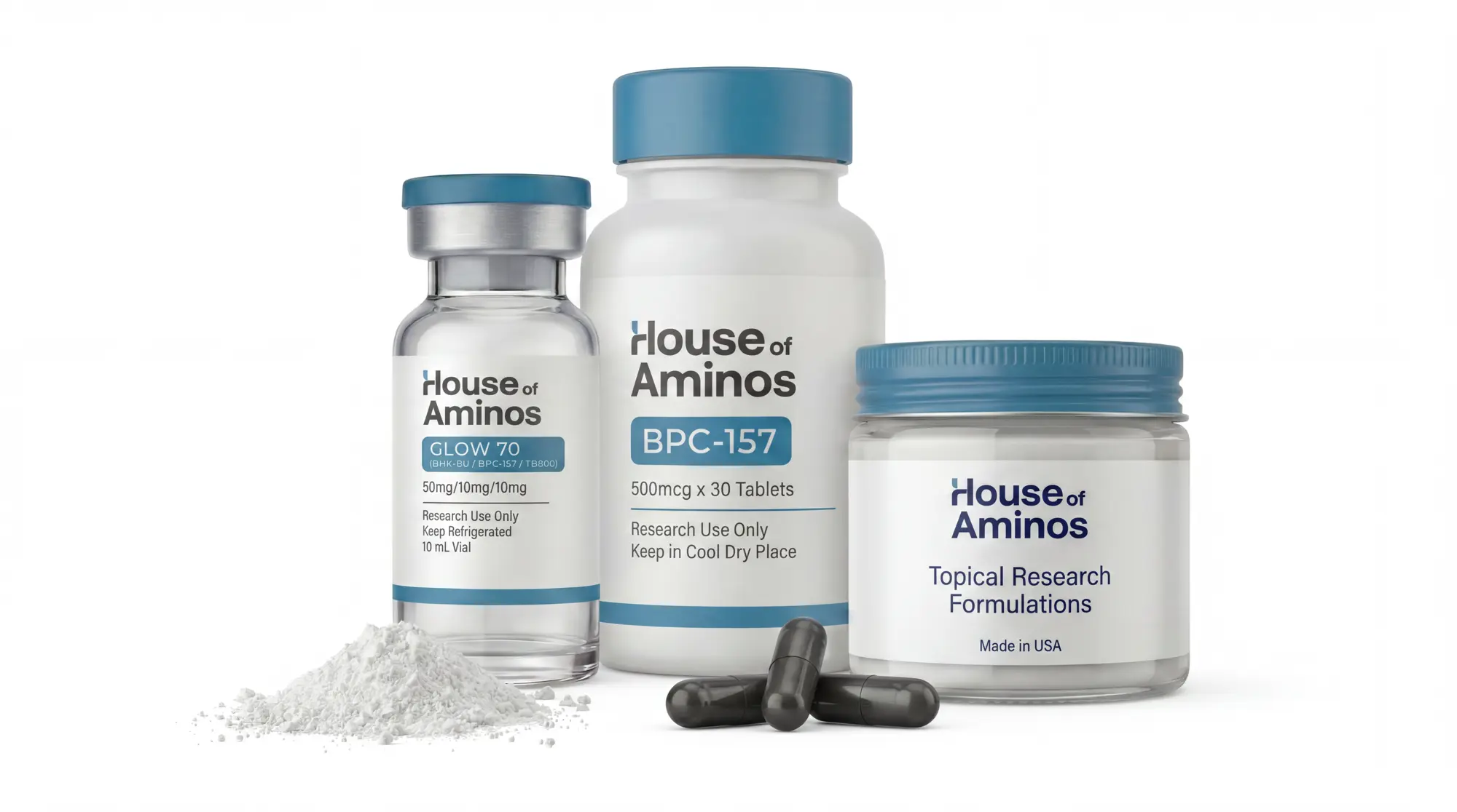 House of Aminos research compound lineup: lyophilized vials, tablets, and topical research formulations